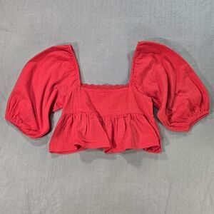 Billabong Red Peasant Blouse | Puff Sleeve Square Neck Top | Size M